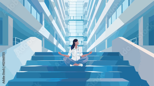 Asian medical intern meditating on stairs at university