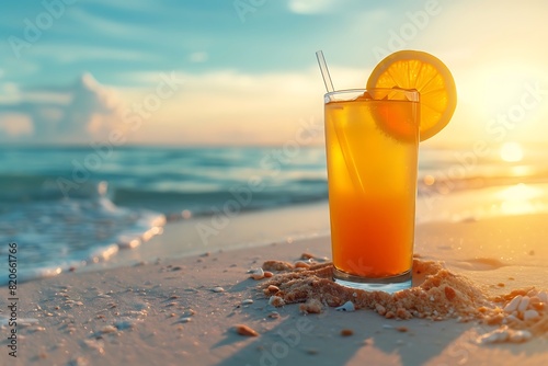 Fresh tropical cocktail on beach with sand. Summer sea vacation and travel concept. Exotic summer drinks