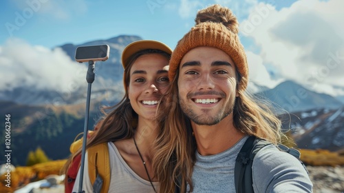 A man and woman taking a selfie with the sleek, modern design of an all-in-one camera stick in man's hands. They are smiling joyfully against a backdrop of mountains or forests. Generative AI.