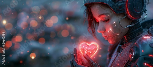AI Companion Concept - Delicate Balance of Sweet Romance and Technological Risk, Female Cyborg Robot Holding Neon Pink Heart, Future Tech, Psychology, Love, Valentine's Day, Gift, Soulmate, Digital Il