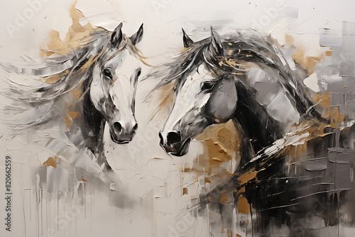 Image painted on canvas black and white horses at a gallop, gold accents, visible paint texture and strong brush strokes