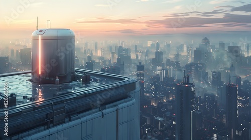 Futuristic High-Rise Cityscape with Efficient Rooftop Water Heater Showcasing Innovative Eco-Friendly Technology