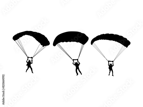 Skydiver silhouette. Skydiving with parachute. Set of skydivers isolated on a white background.
