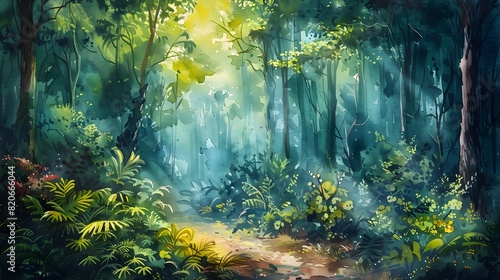 Enchanting Watercolor Landscape of a Lush,Mystical Forest Teeming with Vibrant Flora and Dappled Sunlight