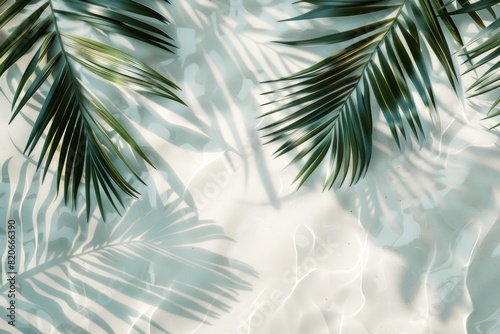 A leafy palm tree is the main focus of this image, with its leaves casting a shadow on the ground. The image has a calming and serene mood, as the palm tree and its shadow create a peaceful atmosphere
