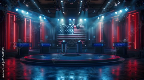 Dramatic Presidential Debate Stage with Audience and Screens