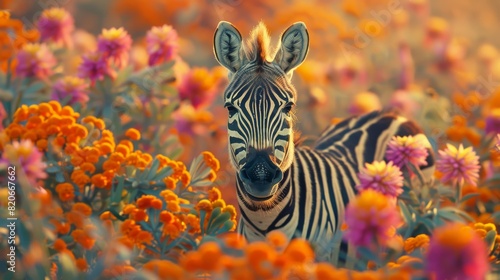 A zebra standing in a field surrounded by vibrant-colored flowers. Generative AI.