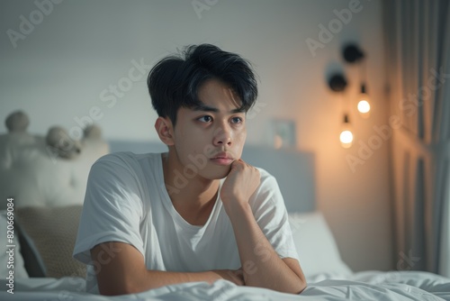 Closeup shot of Asian young upset unhappy thoughtful teenager gay man boyfriend sitting alone on bed having problem trouble and serious thinking after conflict argument fighting with lover couple.
