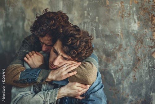 Sad Queer Drama Concept. Boyfriend is Unhappy and Depressed About Something. His Gay Friend is Comforting Him, Holding His Hands. Miserable Man Puts His Head on a Shoulder and Cries.