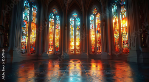 Interior design element, just the wall, dark wall with inset molding, church stained glass, with light shining in, sacred, symmetrical. Generative AI.