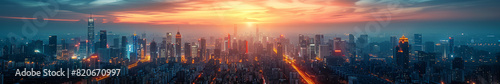 A city skyline at sunset with a bright orange sun in the sky