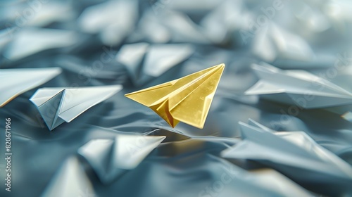 A lone golden paper plane soars among a squadron of silver ones symbolizing innovation and the courage to challenge norms generative ai
