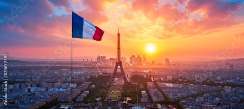 French flag waving with a stunning cityscape in the background, creating a picturesque scene