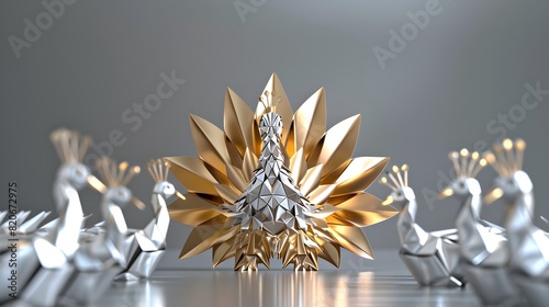 Radiant Golden Origami Peacock A Sculpture of Exquisite Beauty and Confident Charm generative ai