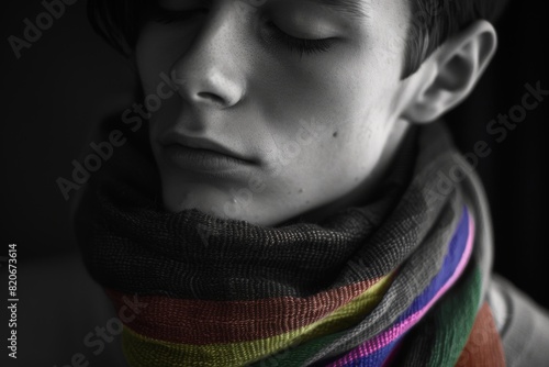 LGBT flag, gay. A person ashamed of their sexual orientation. A black and white photograph with a rainbow colored flag around the neck
