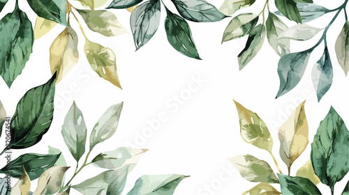 Watercolor green brown leaves frame for wedding birth