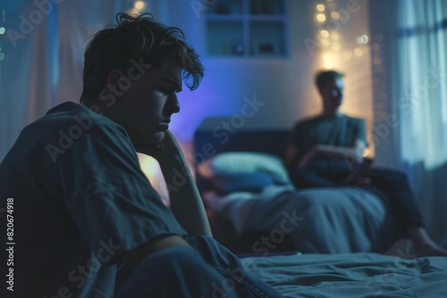 Depressed gay man sitting with closed eyes near boyfriend in bedroom at night, horizontal banner