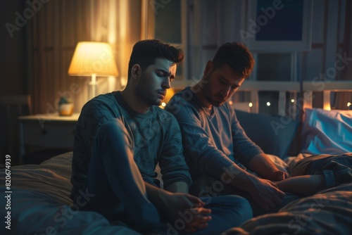 Depressed gay man sitting with closed eyes near boyfriend in bedroom at night, troubled relationship