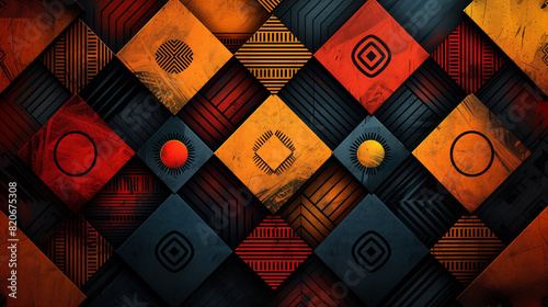 Motif géométrique de type égyptien ou tribal avec du noir et des couleurs vives, losanges et carrés en tons terriens, points et traits, papier peint