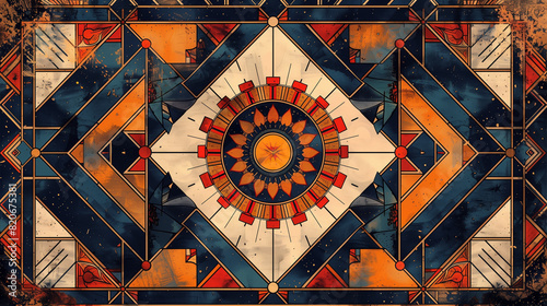 Motif géométrique de type byzantin ou romain avec du blanc, du bleu et du orange, fresque antique de type mosaïque avec rosace, soleil et traits, carrelage de thermes