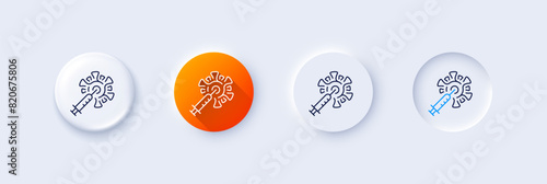 Coronavirus vaccine line icon. Neumorphic, Orange gradient, 3d pin buttons. Corona syringe sign. Covid jab symbol. Line icons. Neumorphic buttons with outline signs. Vector