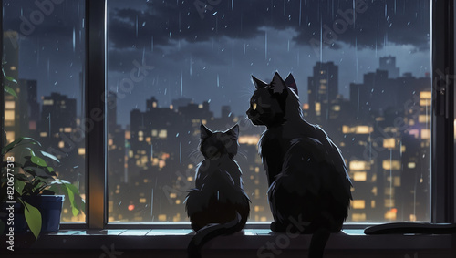 A black cat is sitting on a window sill looking out at a rainy cityscape.