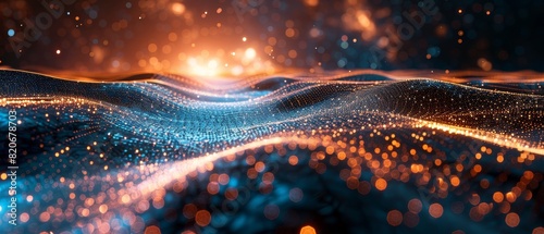 Abstract digital landscape with glowing orange and blue particles representing data flow, technology, and futuristic design.