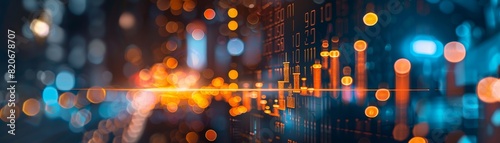 Abstract financial graph with glowing candlestick chart and bokeh background, representing market analysis and stock trading trends.