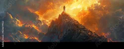 Climber reaching the peak of a crumbling mountain, metaphor for overcoming obstacles, dramatic lighting, digital painting