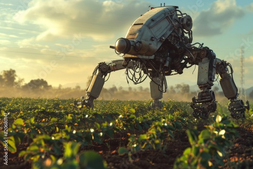 Robots farming, robot herbicide sprayers working in agricultural field concept, AI generated