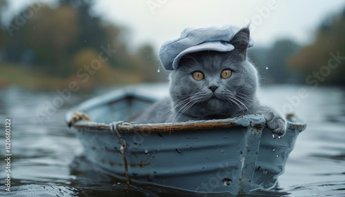A grey cat is sitting in a boat on a lake by AI generated image