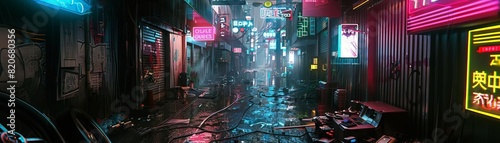 Cyberpunk alleyway littered with electronic parts, glowing neon signs, rainy night, 3D style