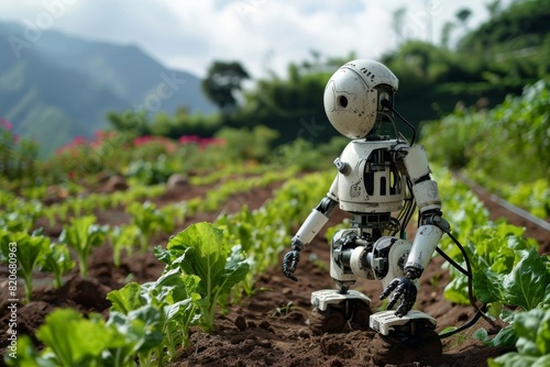 Robots farming, robot herbicide sprayers working in agricultural field concept, AI generated