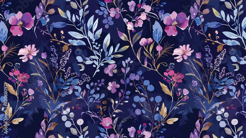 Watercolor purple blue wild floral seamless pattern f