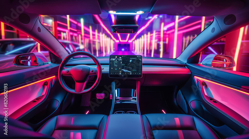 Vibrant interior of an electric car with a holographic touchscreen and neon lighting, showcasing the futuristic design of a self-driving vehicle. Generative AI.
