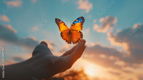 A hand releasing a butterfly into the sky, symbolizing freedom, environmental care, and the impact of reducing carbon emissions on World Earth Day