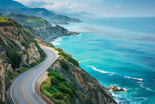 Scenic coastal road winding along dramatic cliffs with a stunning ocean view