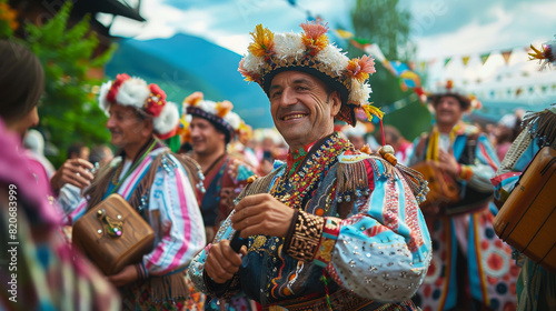 Traditional mountain festival with locals celebrating in colorful folk costumes