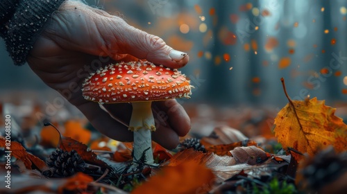 Red fly agaric is picked by man's hand in autumn forest. Generative AI