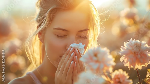 Allergy to pollen, girl sneezes among blooming flowers. Generative AI
