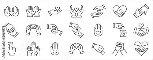 Charity and donation icon set. Aids icons. Charity hands icon. Giving hand sign. Helping hand symbol. Vector stock illustration. Collection contains symbol of volunteer, donating, compassion, funding.
