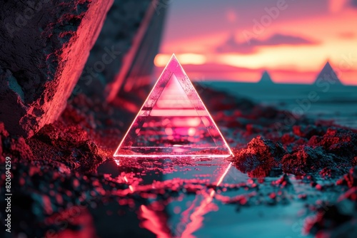 The crystal clear triangle red prism that has been put on the wet floor and the wet floor reflect everything and shine the reflection of the opposite from the crystal clear triangle red prism. AIGX03.