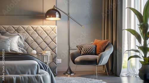 A bedroom with a luxurious, quilted velvet headboard, a stylish floor lamp, and a modern accent chair