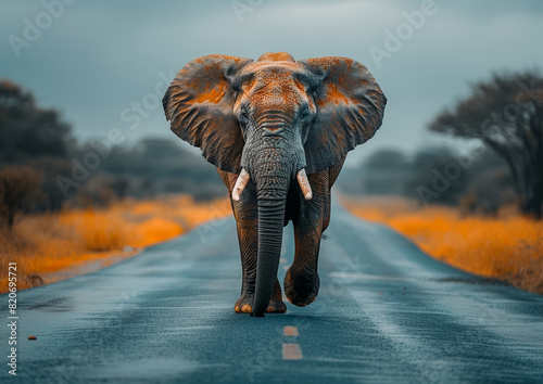 Elephant walking on the road.