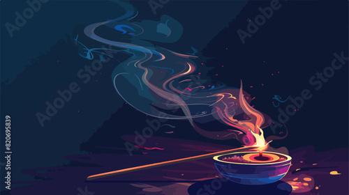 Burning incense stick on dark background Vector illustration