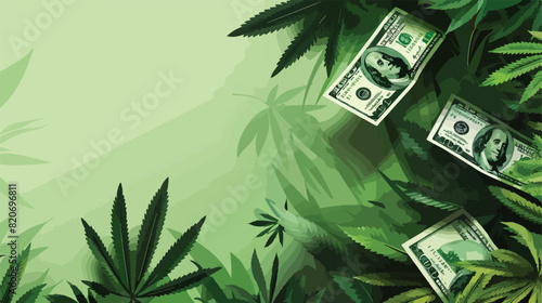 Cannabis leaf and dollar banknotes on green background