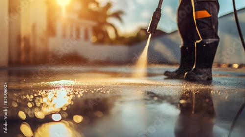 Worker using pressure washer to clean sidewalk in residential area during sunset.