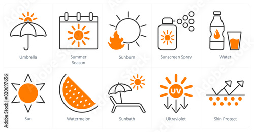 A set of 10 sun protection icons as umbrella, summer season, sunburn