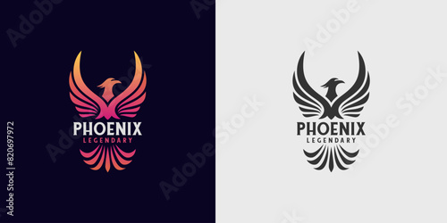 Phoenix logo illustration with two version. Red and silhouette Color Phoenix Bird with Spread Wing Logo Design