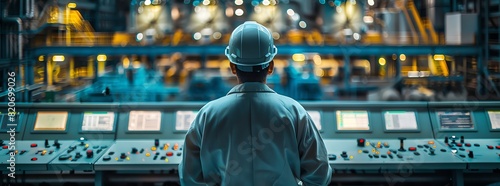 A worker wearing a hard hat and safety glasses is standing in front of a control panel in a factory.